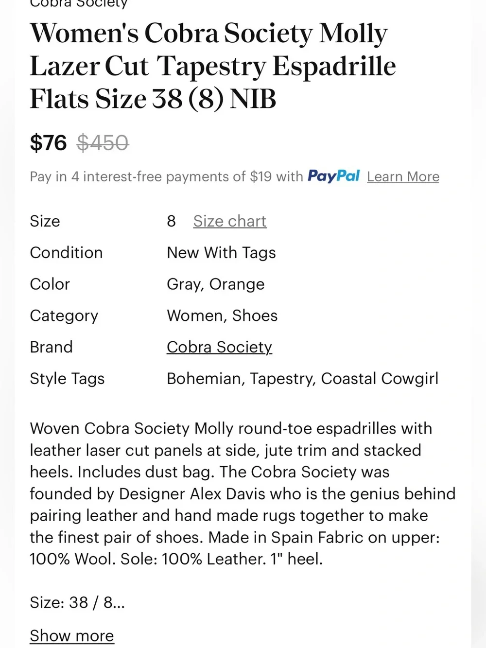 NWOB Cobra Society Women Wool & Leather Laser Cut Tapestry Espadrilles Size 7